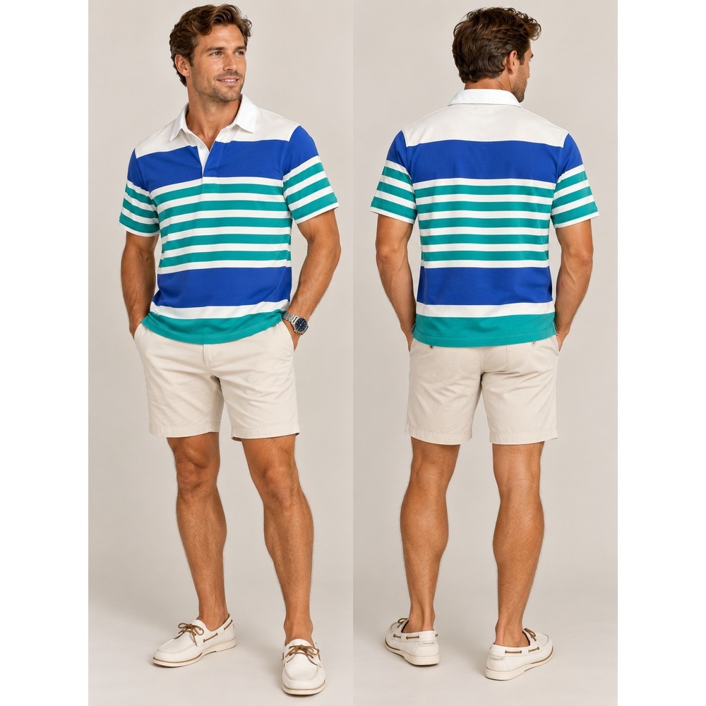 Vintage J Crew Oarsman Rugby Shirt Mens M Blue Teal Stripe Short Sleeve 90s